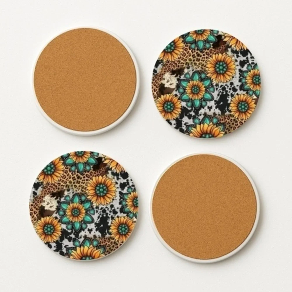 Western Sunflower Turquoise Ceramic Bar Coasters